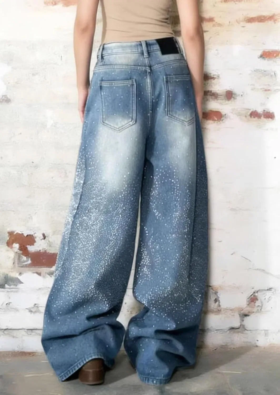 Джинсы Rhinestone, Baggy, High Waisted, Wide Leg, Blue — фото 2