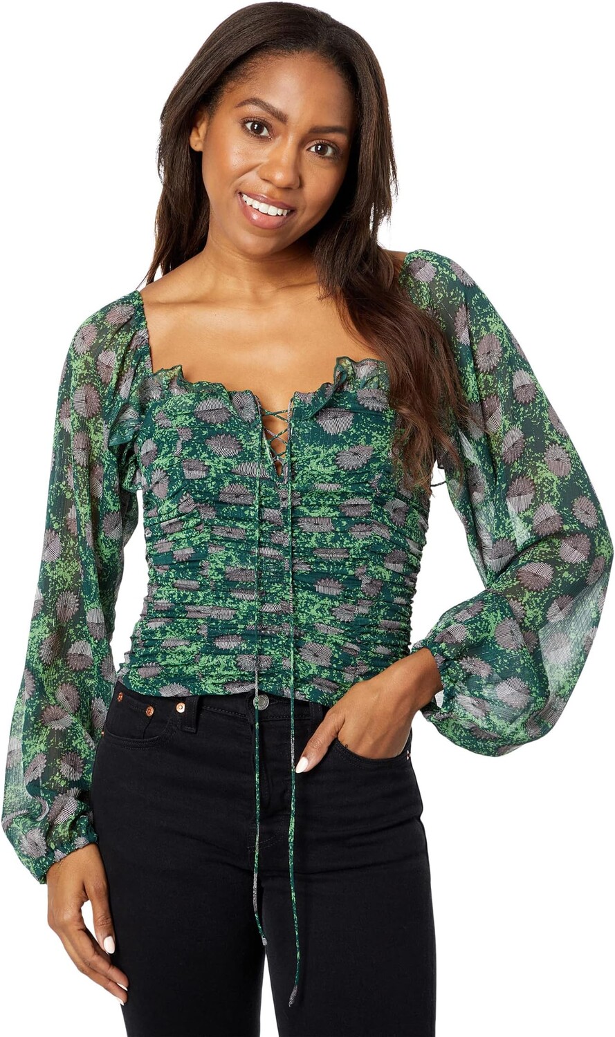 

Топ BCBGeneration Woven Rouched Square Neck Top U1UX7T02, цвет Shadow Fan Bud