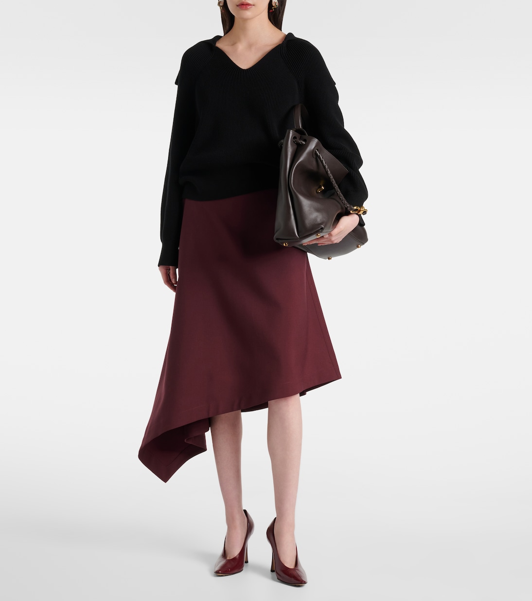Асимметричная шерстяная юбка-миди Bottega Veneta, Aubergine — фото 2