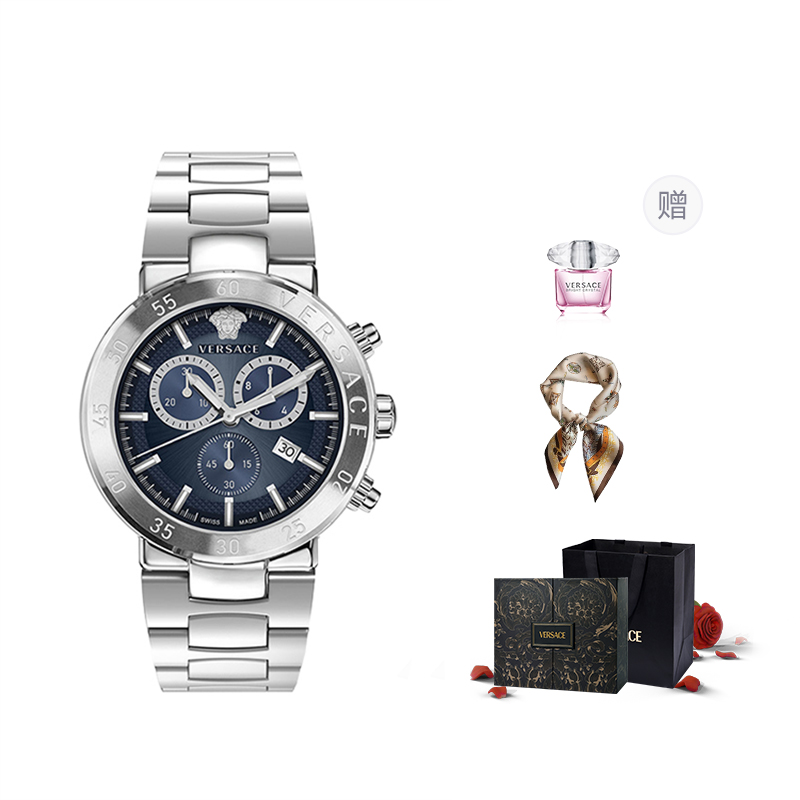 

VERSACE Часы Wrist Watch Quartz Movement Stainless Steel Watchband 43 Black Dial Men's Watch Purple Rose Box+Silk Scarf, Blue Silver