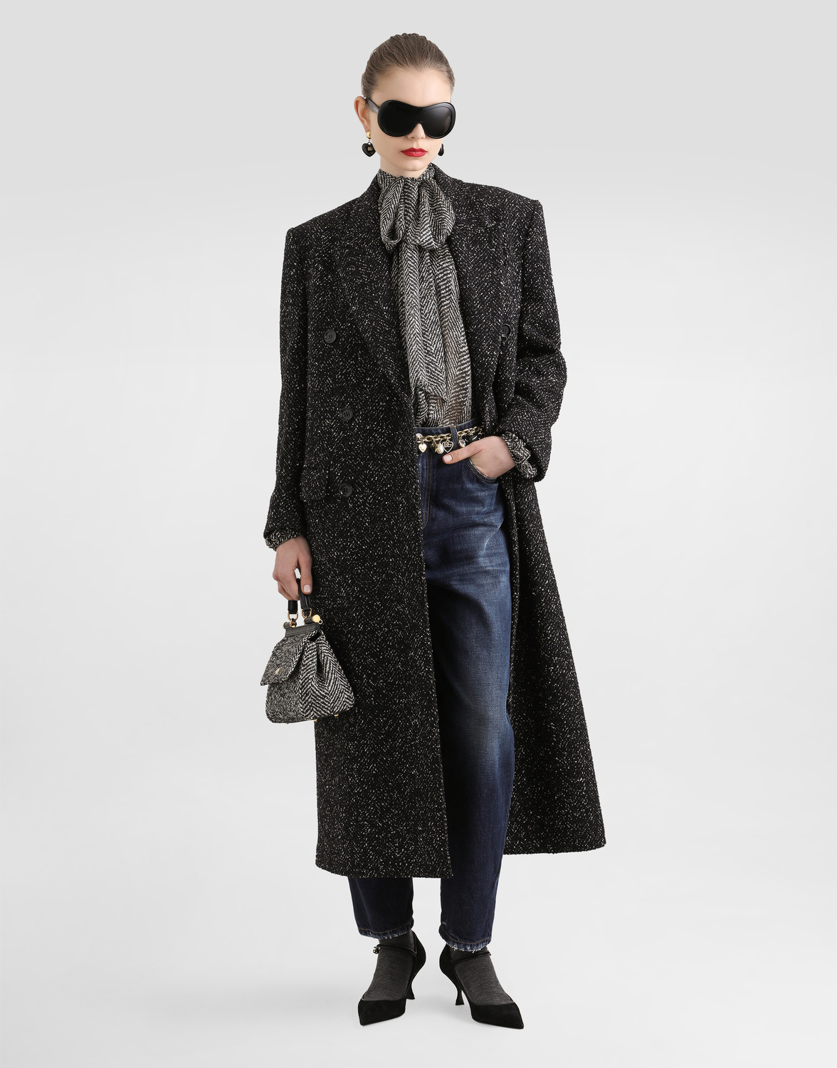Объемное двубортное пальто из шерстяной смеси с рисунком "елочка" Dolce & Gabbana, мультиколор — фото 2