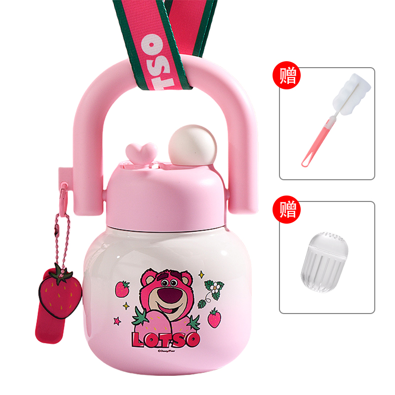 Детский термос-бутылка Strawberry Bear Disney «Big Belly Cup», White Pink Lotso/ситечко для чая + ершик + ремешок