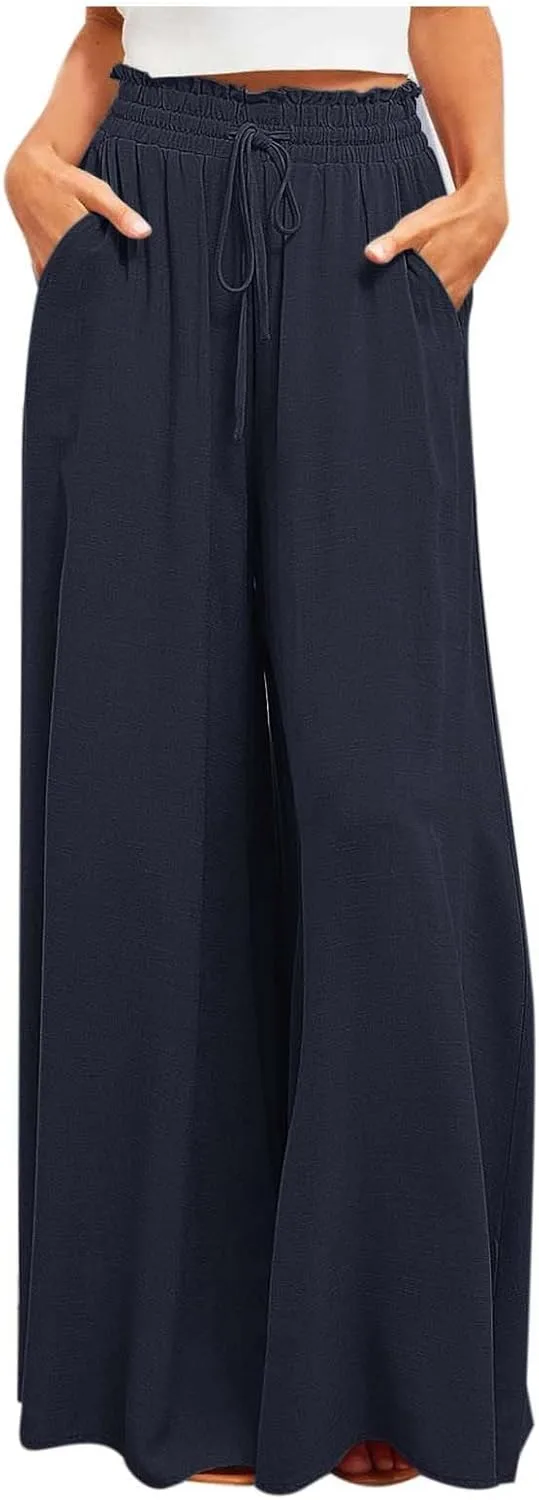 Женские брюки Plus Size с поясом на завязках, высокая талия, широкие штанины, прямые палаццо с карманами Generic, черный