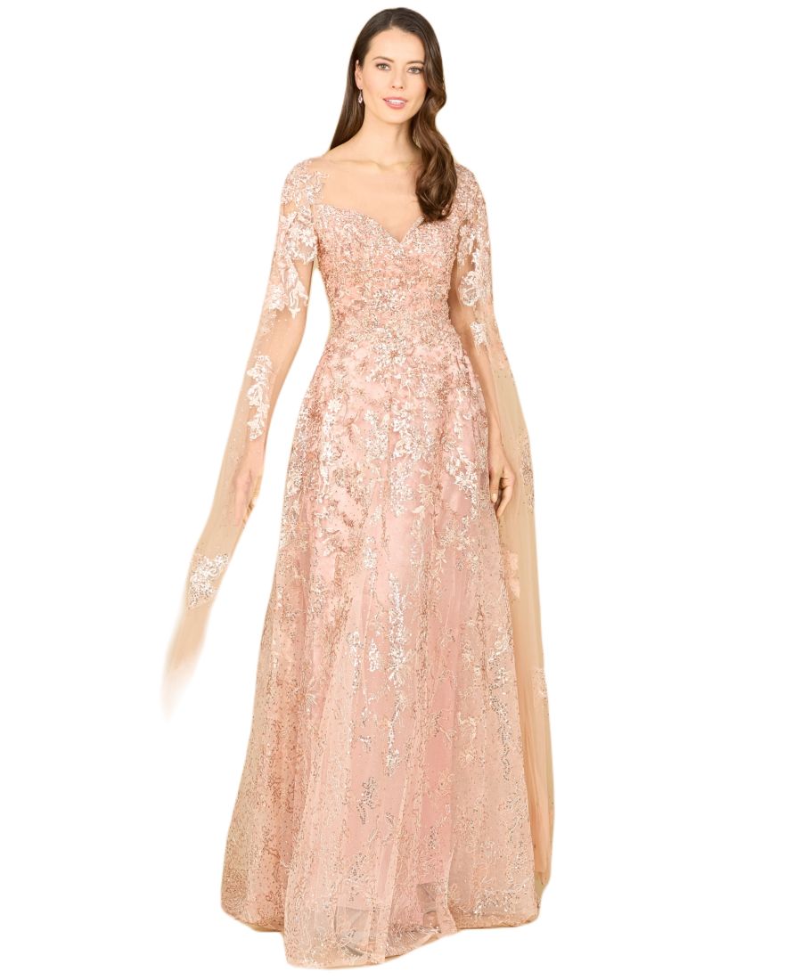 

Женское длинное платье с рукавами-колоколами, вырезом-лодочкой и бисером Lara, Blush