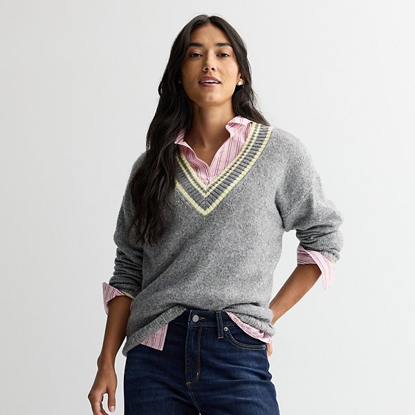 

Женский свитер оверсайз с v-образным вырезом Sonoma Goods For Life, Gray Vneck Stripe