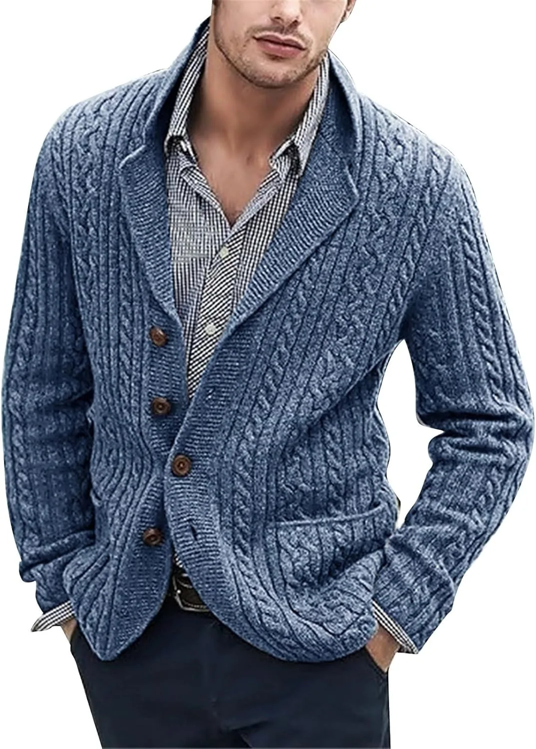 

Мужской кардиган с шалью воротником, Slim Fit, кабельная вязка, с карманами xoxingysm