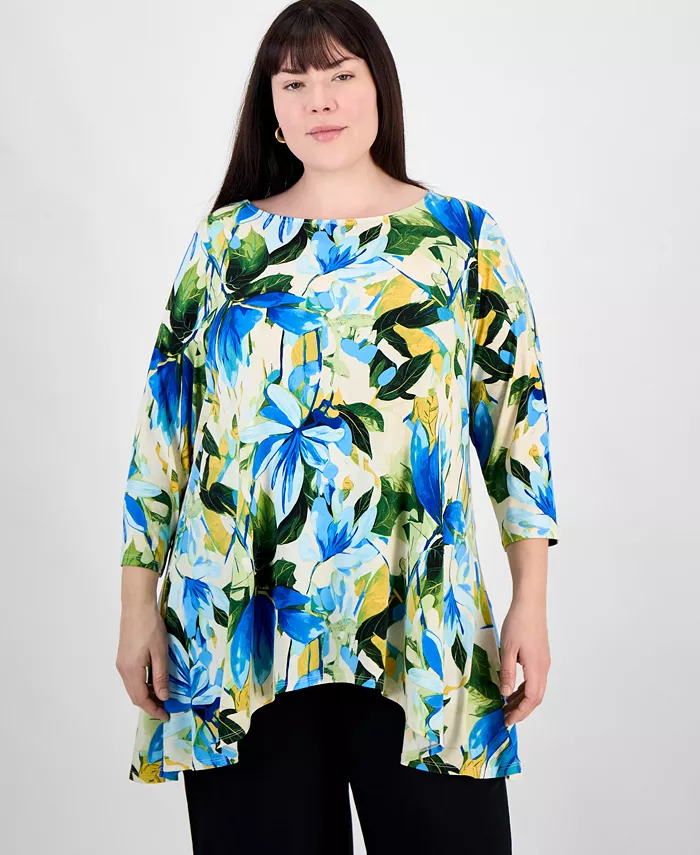 

Блуза с принтом и асимметричным подолом Plus Size JM Collection, мультиколор