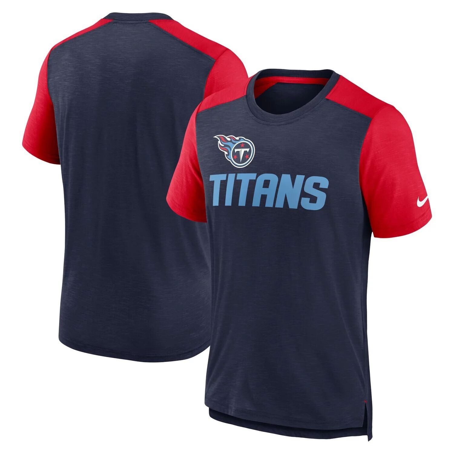 Мужская темно-синяя/красная футболка Tennessee Titans с цветными блоками и названием команды Nike — фото 4