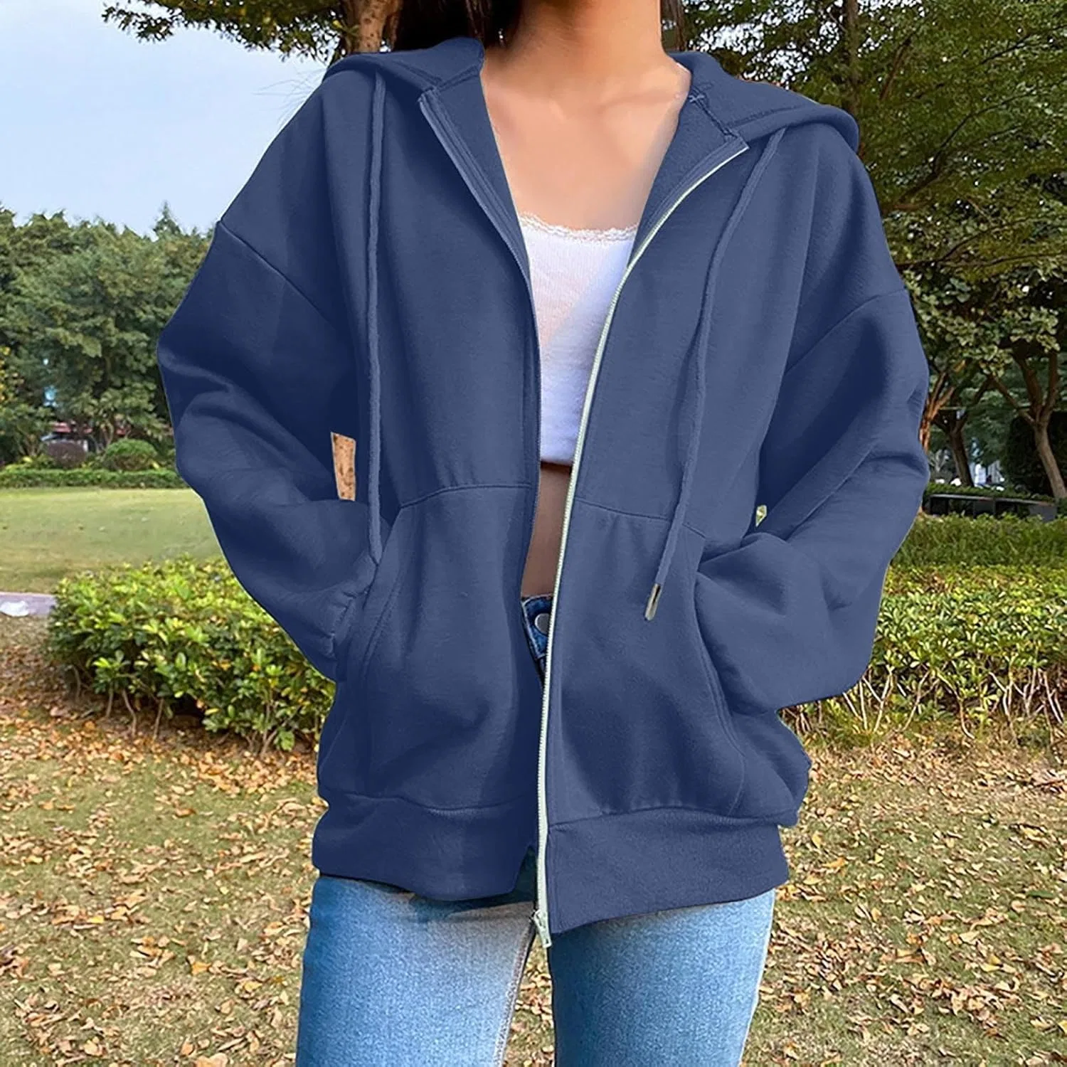 Женские худи и толстовки Generic Hoodies 2024: повседневная рубашка с длинным рукавом на молнии, флисовая куртка-худи, пальто, осенняя одежда с карманами, 01-темно-синий — фото 2