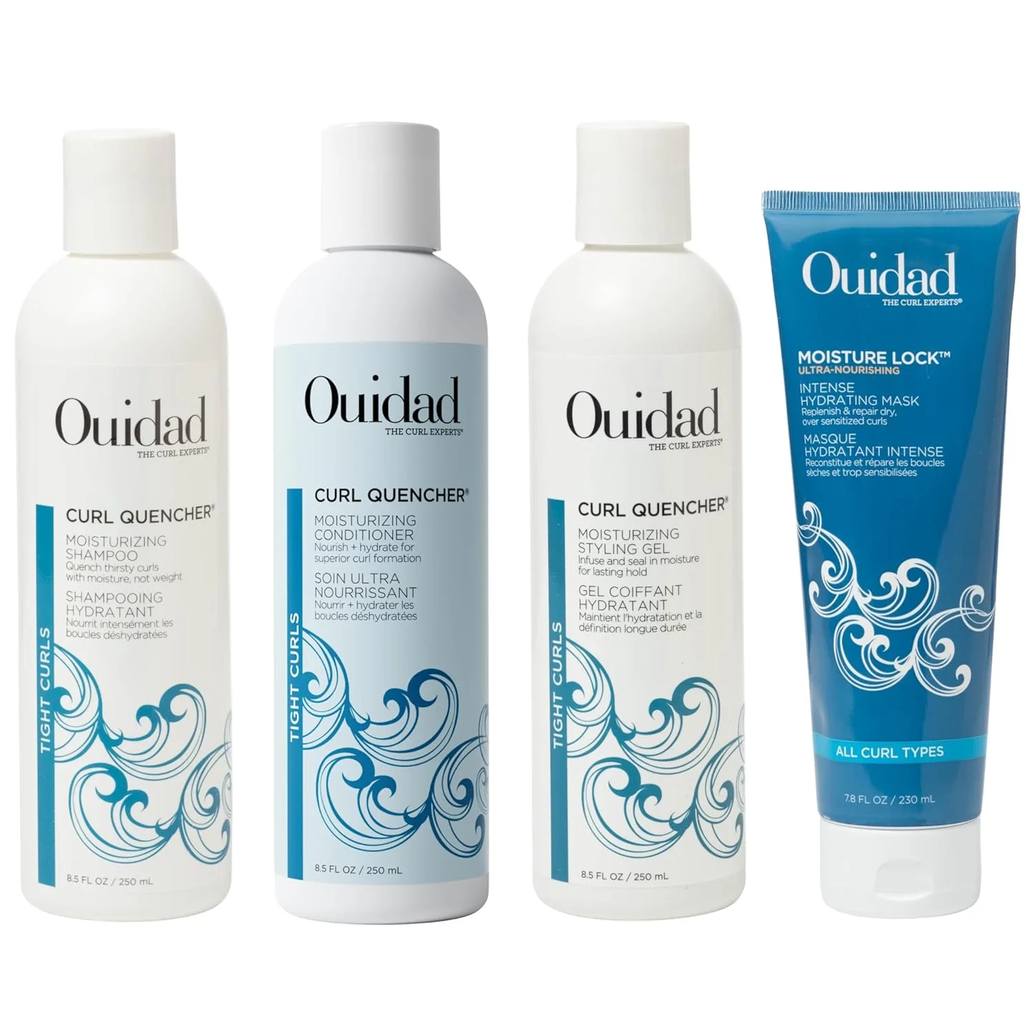 Набор Ouidad Curl Quencher: шампунь, кондиционер, гель для укладки и маска Moisture Lock - 251 мл шампунь и кондиционер, 251 мл гель, 231 мл маска, питание, увлажнение, контроль завитков, для тугих кудрей
