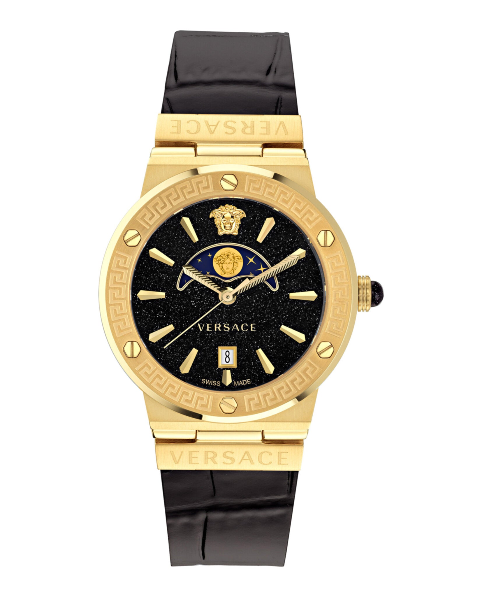 

Часы с логотипом Greca Moonphase Versace, черный/золотой/черный