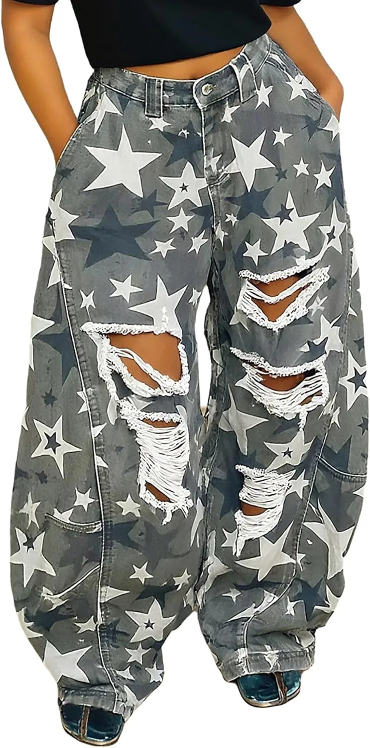 

Женские джинсы Ripped Camouflage Barrel Baggy Mid Rise Washed Wide Leg Y2K QLAUYIOE