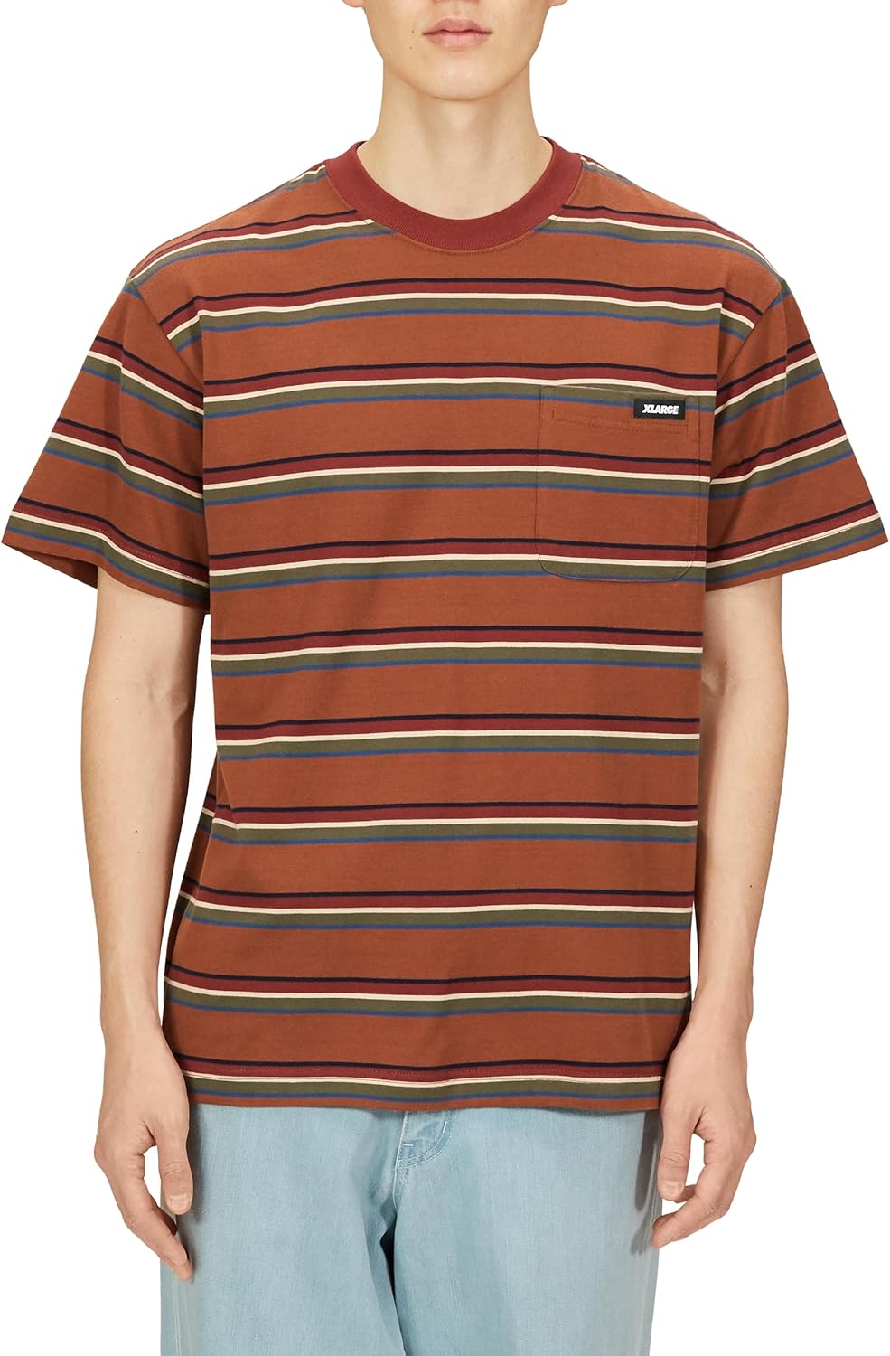 

Мужская футболка в полоску с коротким рукавом и карманом, очень большого размера Xlarge, коричневый