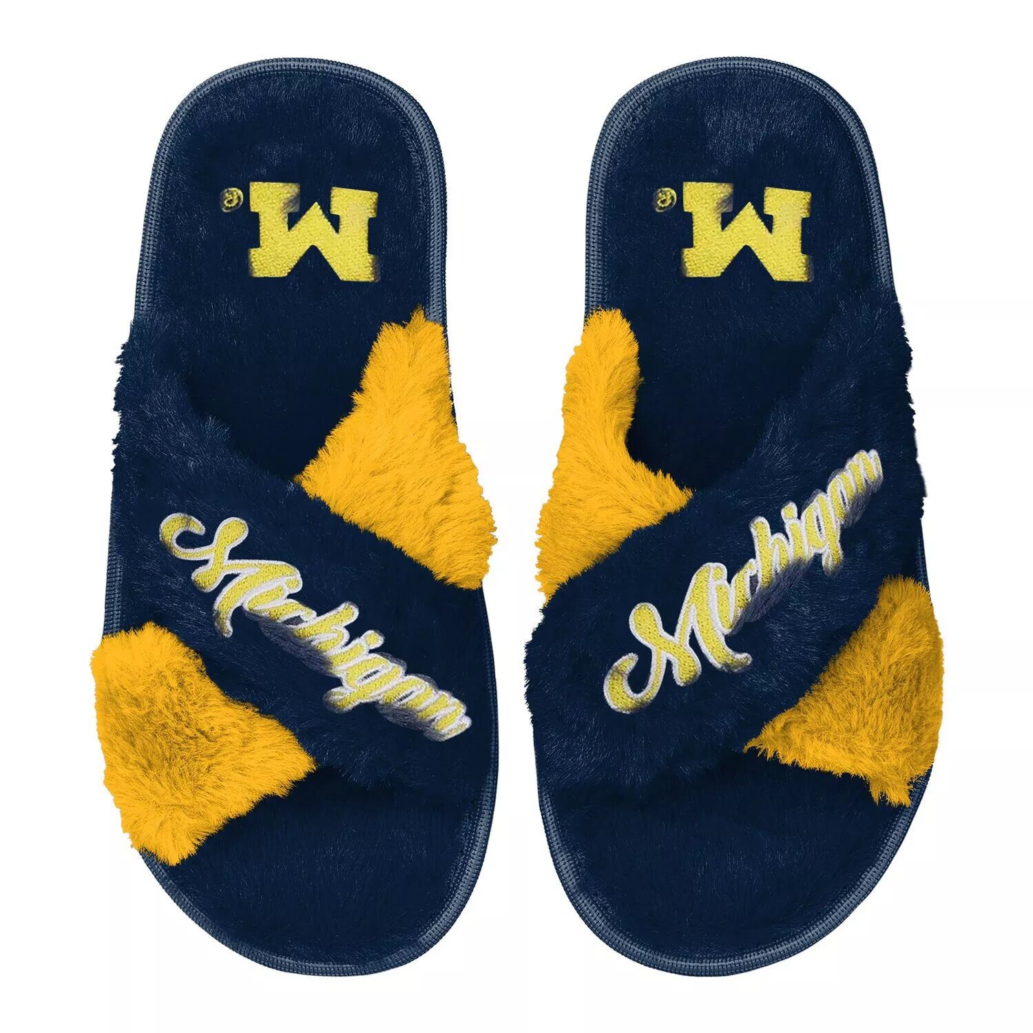 

Женские двухцветные шлёпанцы из искусственного меха FOCO Navy Michigan Wolverines