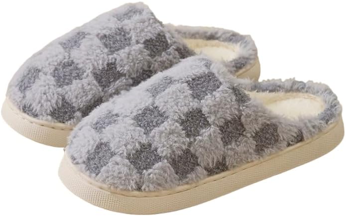 

Домашние тапочки CWODOR в клетку для женщин и мужчин, плюшевый флис внутри, теплые домашние тапочки на скользящей подошве, серый