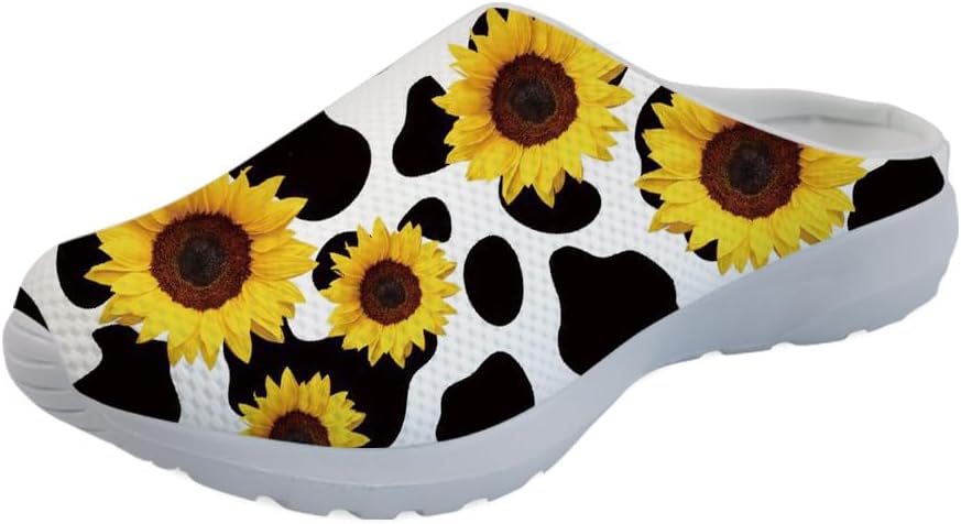 

Женские и мужские сабо GLENLCWE в ретро-стиле Бохо с ацтекским рисунком и изображением раковины на пляже, садовые сабо без застежек, легкие туфли-мулы для прогулок, кроссовки для дома и улицы, Sunflower Cow