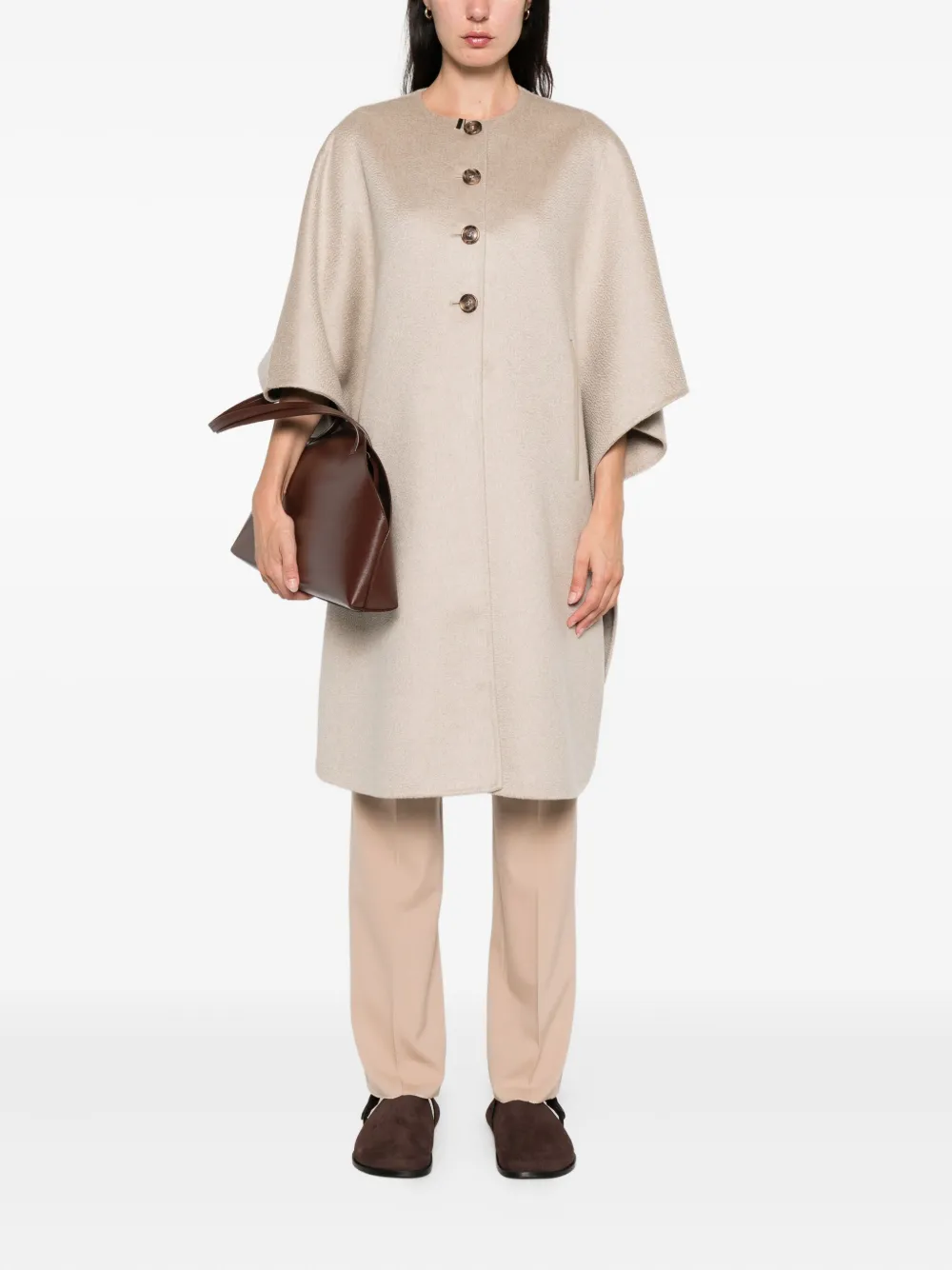 Кашемировое пальто-накидка с застежкой на пуговицы MAX MARA, нейтральный — фото 2