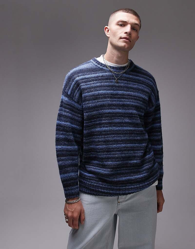 

Topman – синий пушистый полосатый свитер свободного кроя