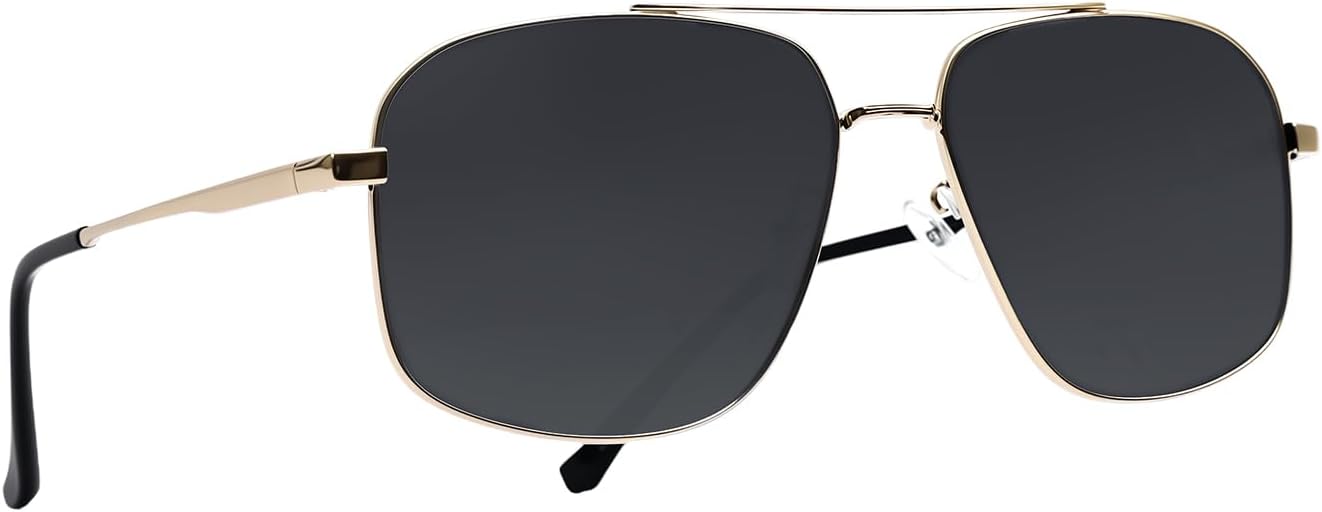 

Ретро-солнцезащитные очки-авиаторы квадратной формы для мужчин и женщин - большие поляризованные очки в металлической оправе для вождения - классический стиль UV400 QIFP, Gold-dark Gray