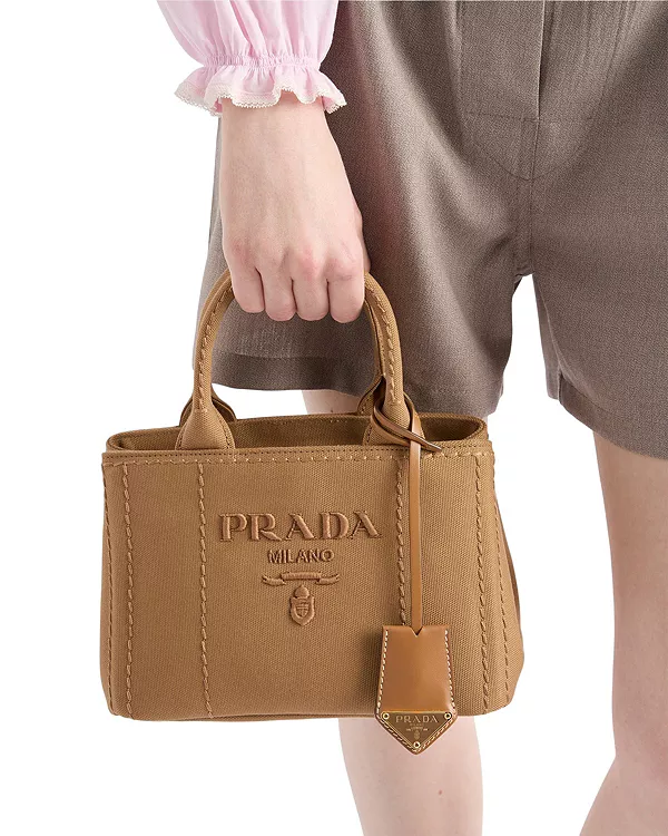 Миниатюрная хлопковая холщовая сумочка Jardiniere Prada, коричневый — фото 4