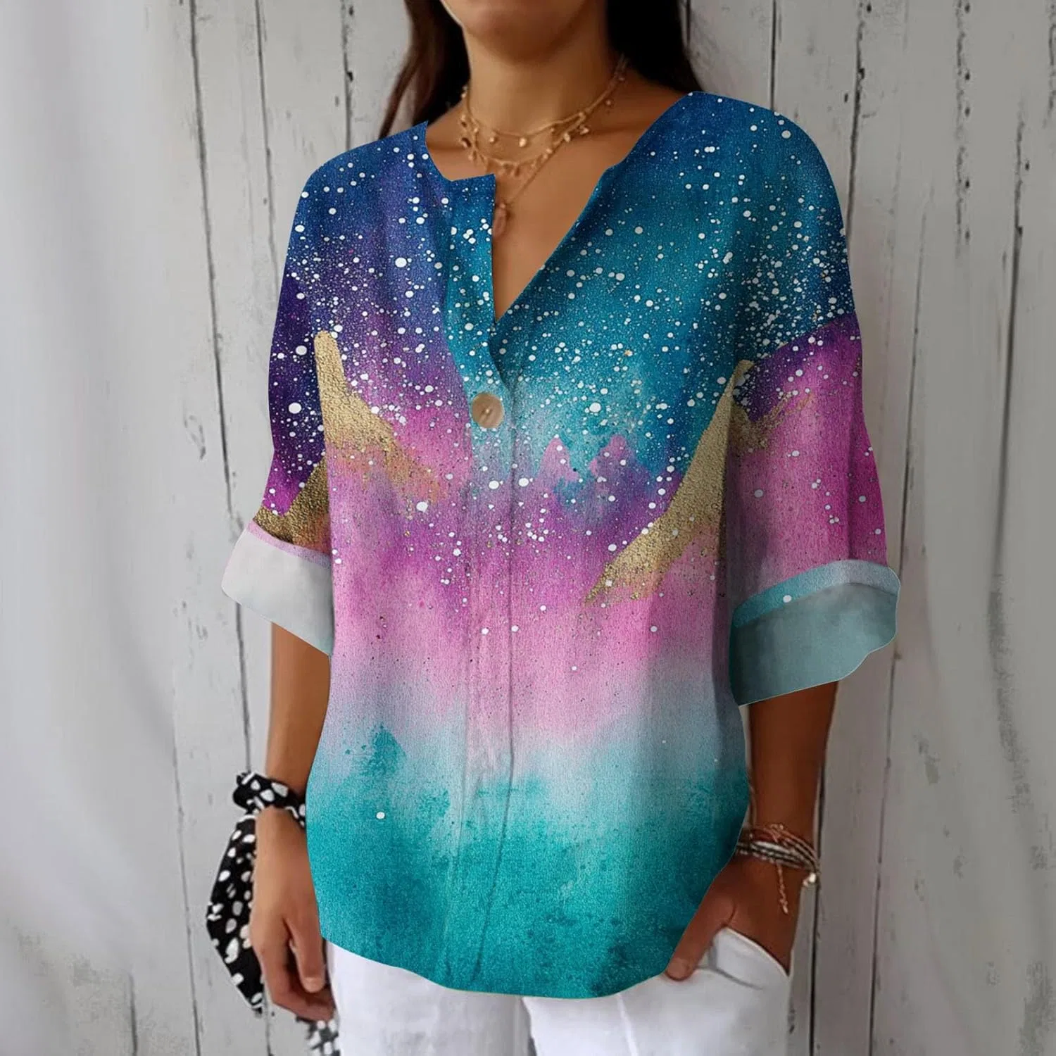 Женская футболка с градиентом, длинный рукав, V-образный вырез, Polyester — фото 2