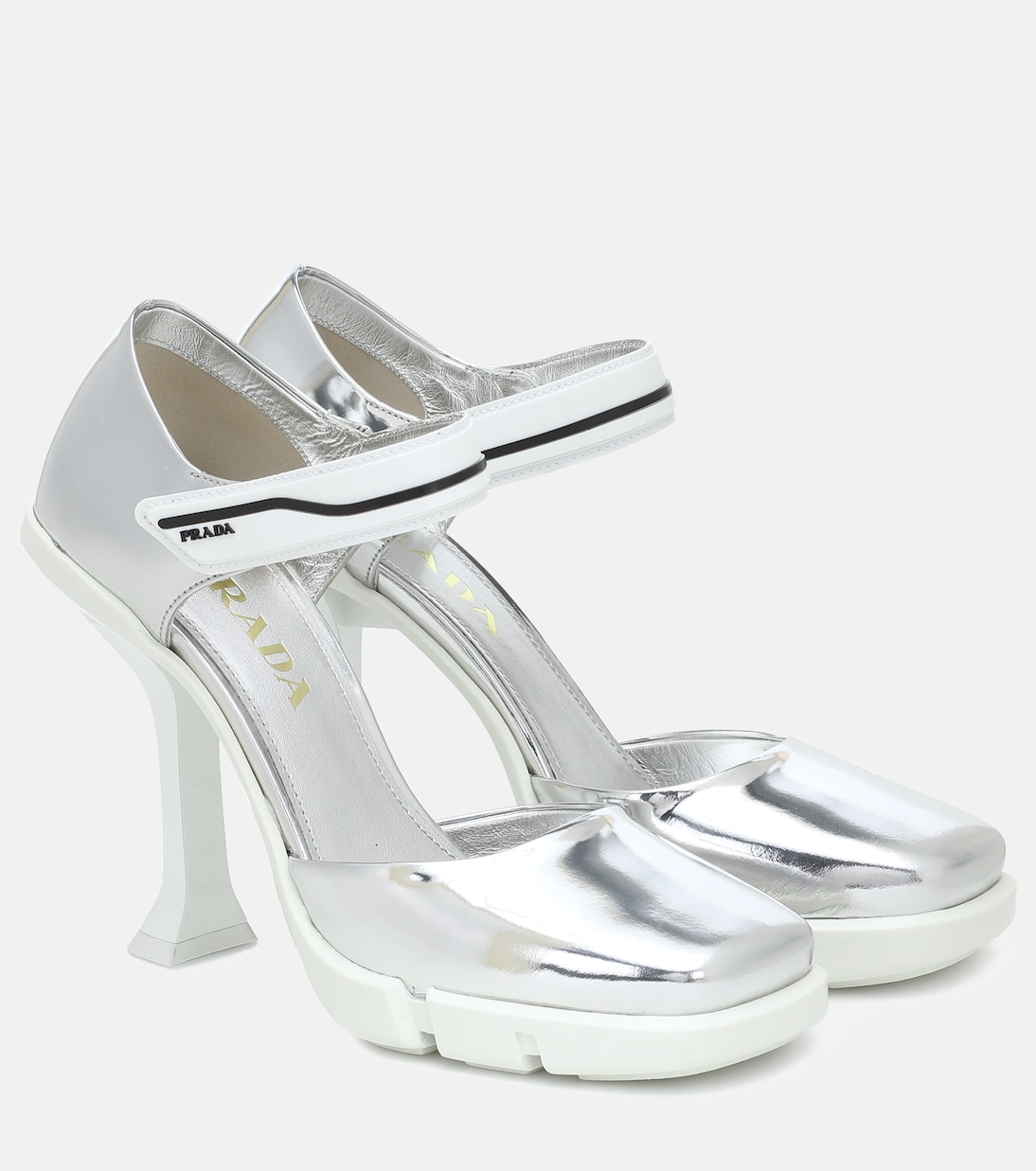Металлик кожаные лодочки Prada, Argento/Bianco
