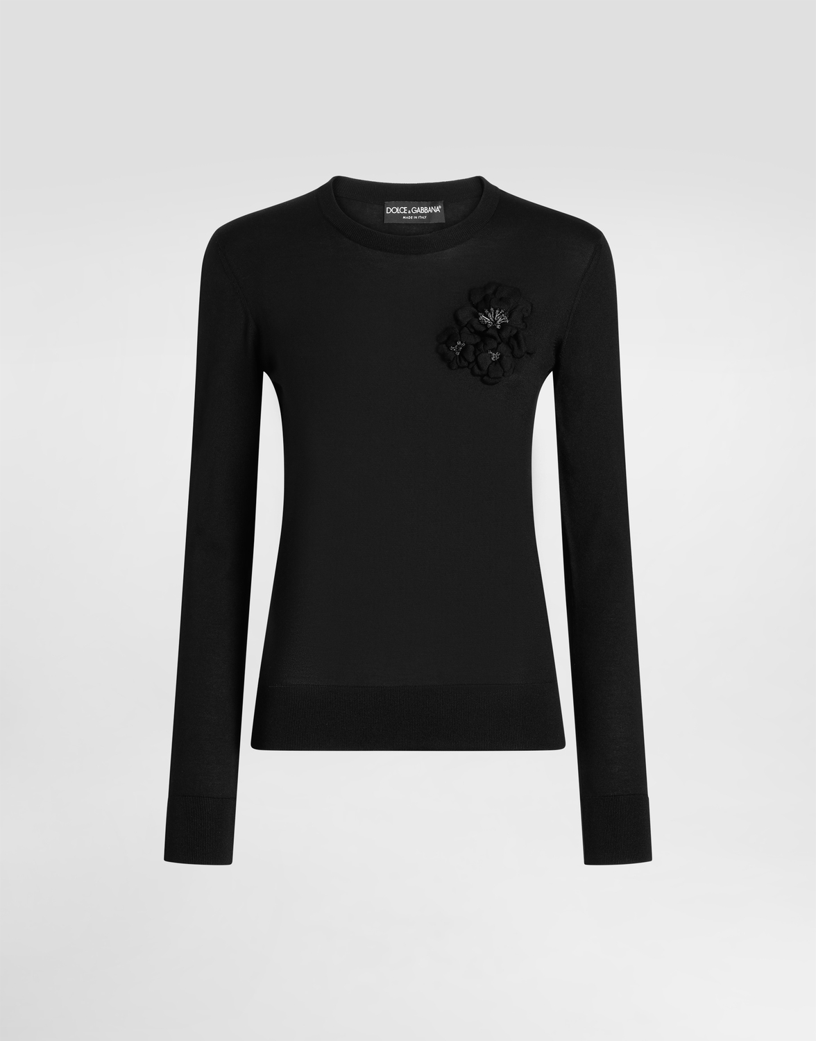 

Шелковый пуловер с брошью в виде цветка Dolce & Gabbana, черный