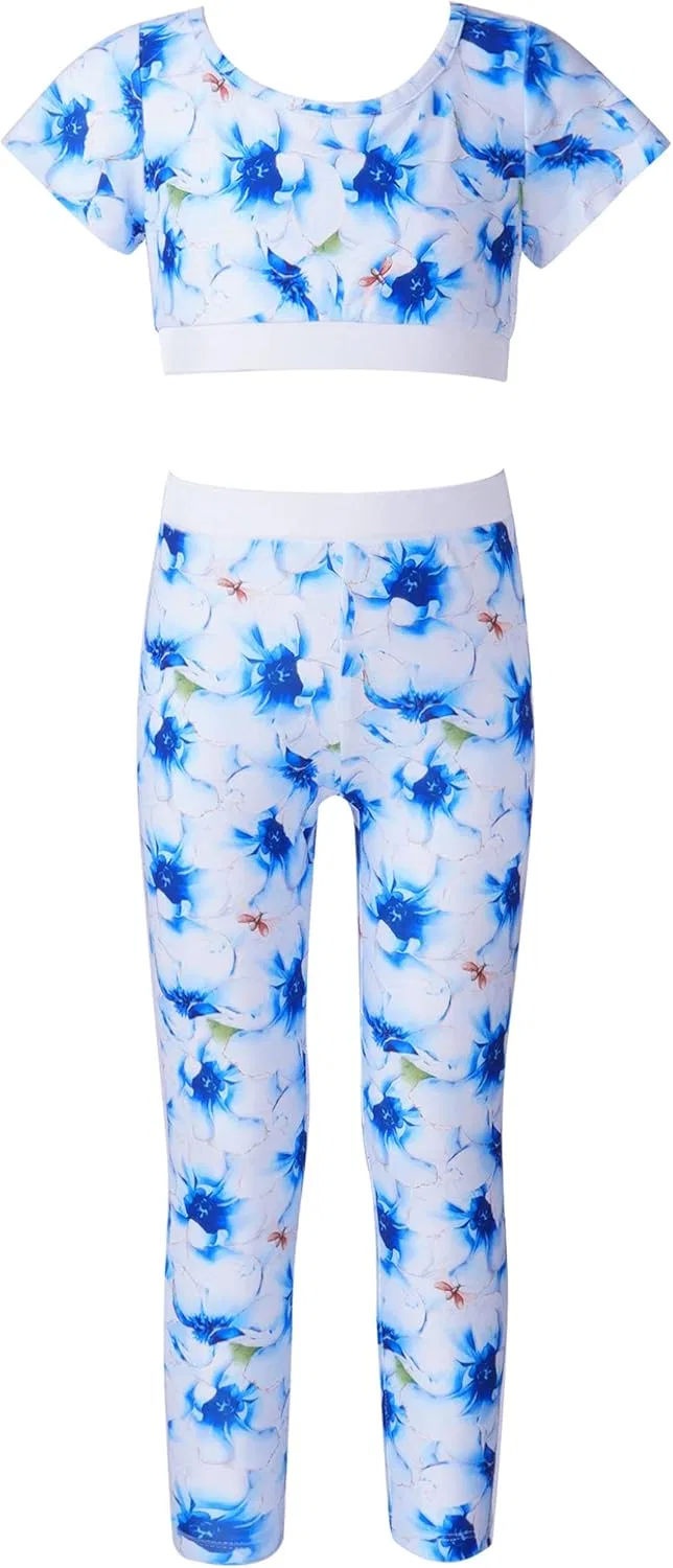 Детский спортивный костюм с принтом Moggemol, топ и леггинсы, Blue-floral