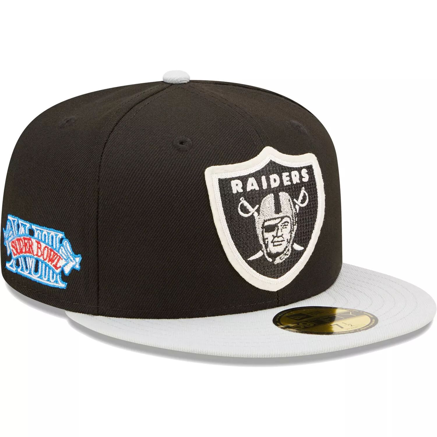 

Мужская облегающая шляпа New Era черного/серебристого цвета Las Vegas Raiders Super Bowl XVIII Letterman 59FIFTY