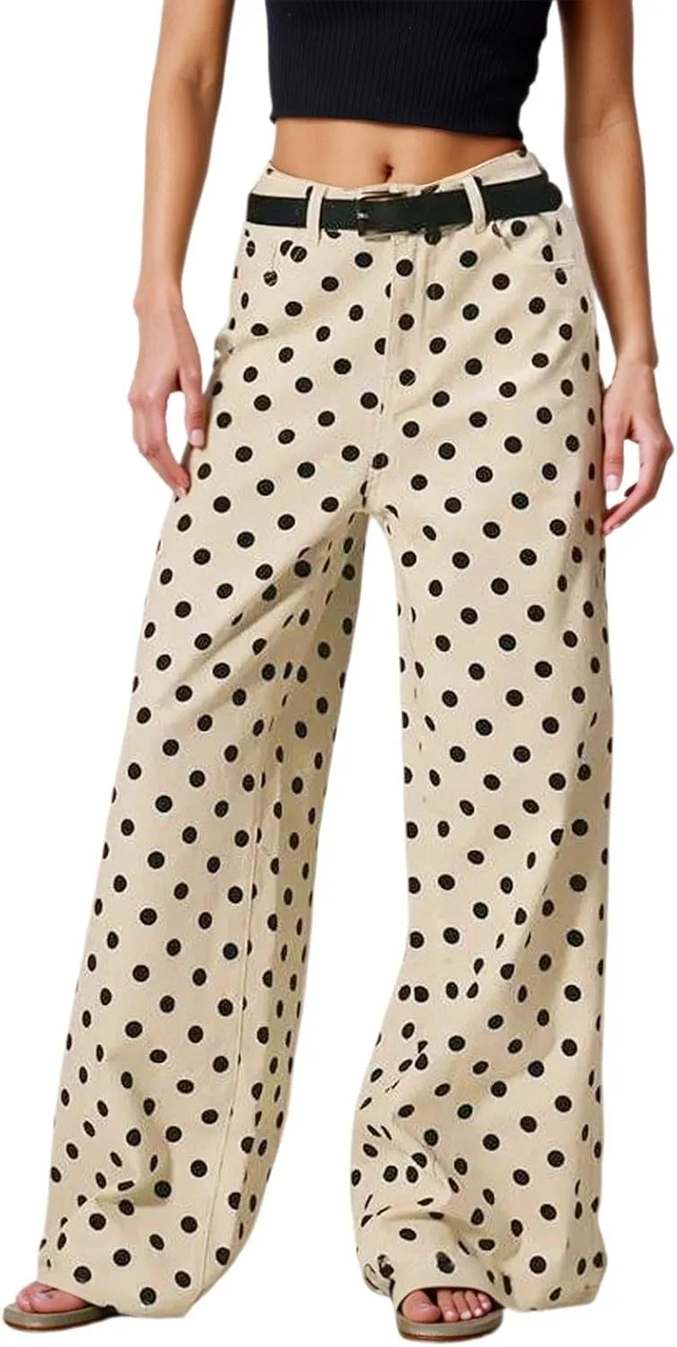 

Женские джинсы прямые широкие с высокой талией в горошек Gaexia