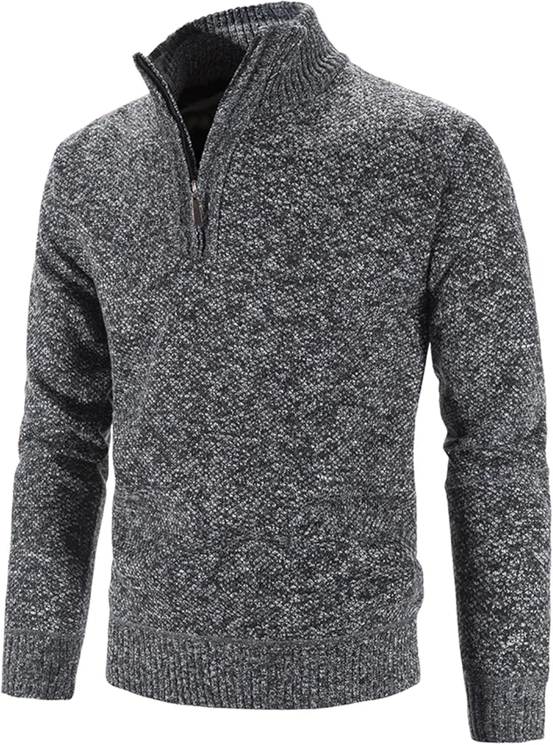 Мужской свитер из хлопкового флиса, утепленный, с длинным рукавом, Slim Fit, полузастежка-молния, водолазка — фото 3