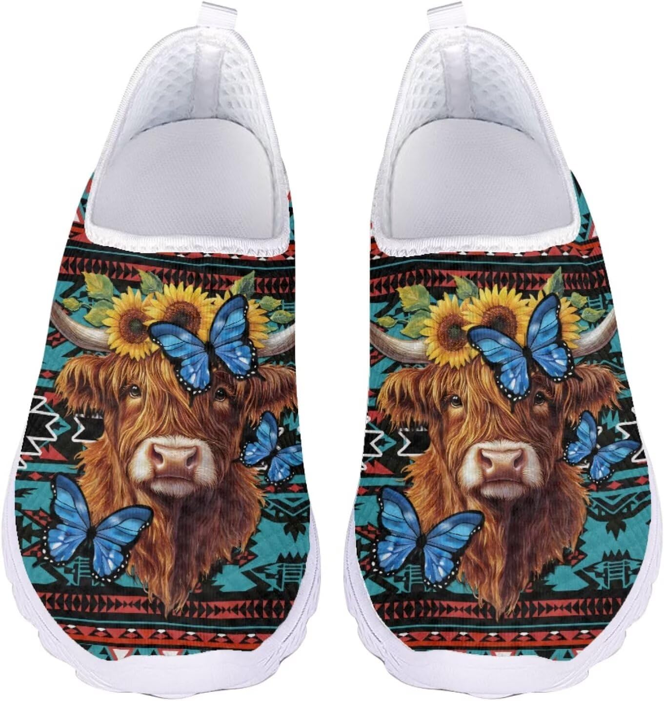 

Женские слипоны Jeiento для ходьбы с животным принтом, легкие кеды-тапочки, сетчатые теннисные кроссовки унисекс, пляжная водная обувь, Southwestern Style Highland Cow