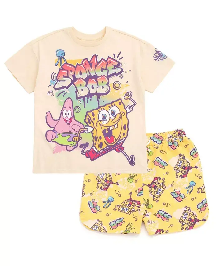 

Комплект для девочки: футболка и шорты из велюра SpongeBob SquarePants, коричневый/бежевый