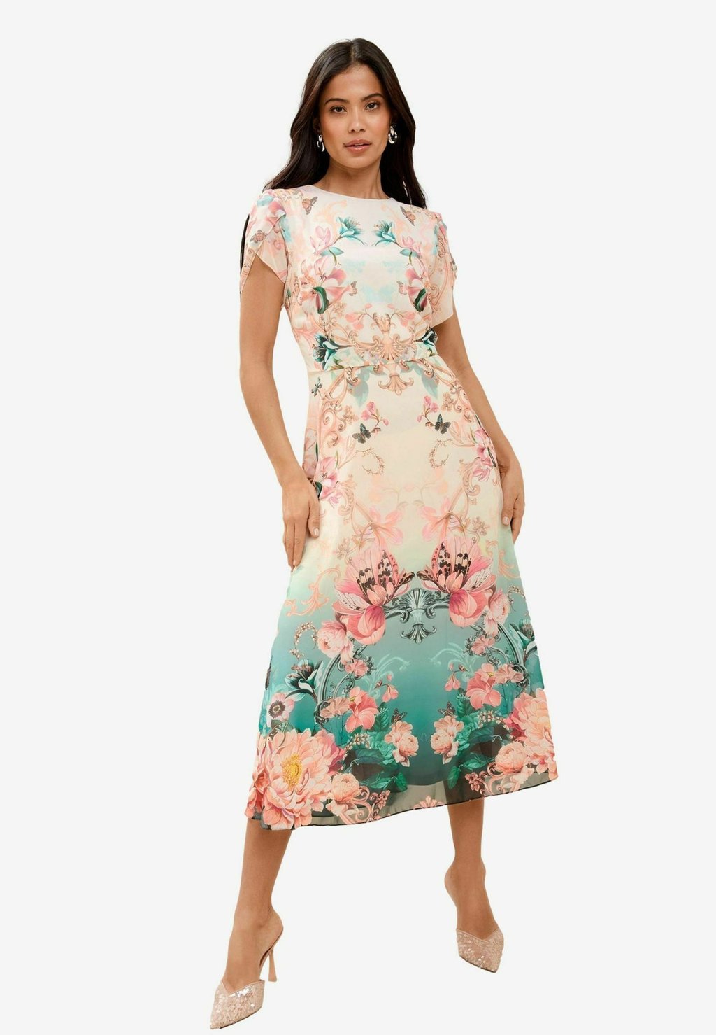 

Повседневное платье OMBRE FLORAL TULIP SLEEVE FIT AND FLARE MIDI Lipsy, белый