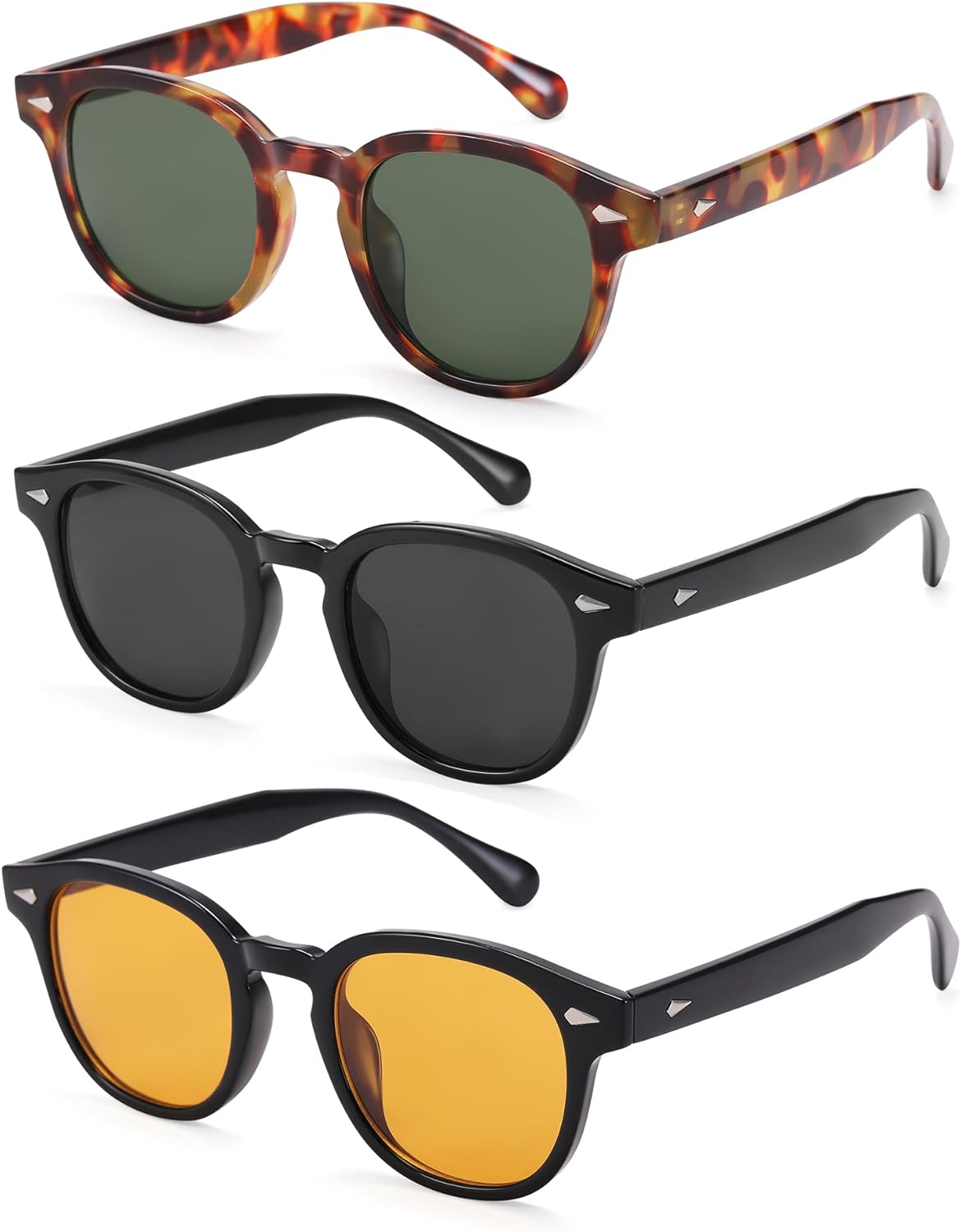 

Солнцезащитные очки Hycredi Retro Round для мужчин и женщин - винтажные круглые очки - комплект из 3 модных солнцезащитных очков с тонировкой, Leopard/G15 + Black/Orange + Black/Grey