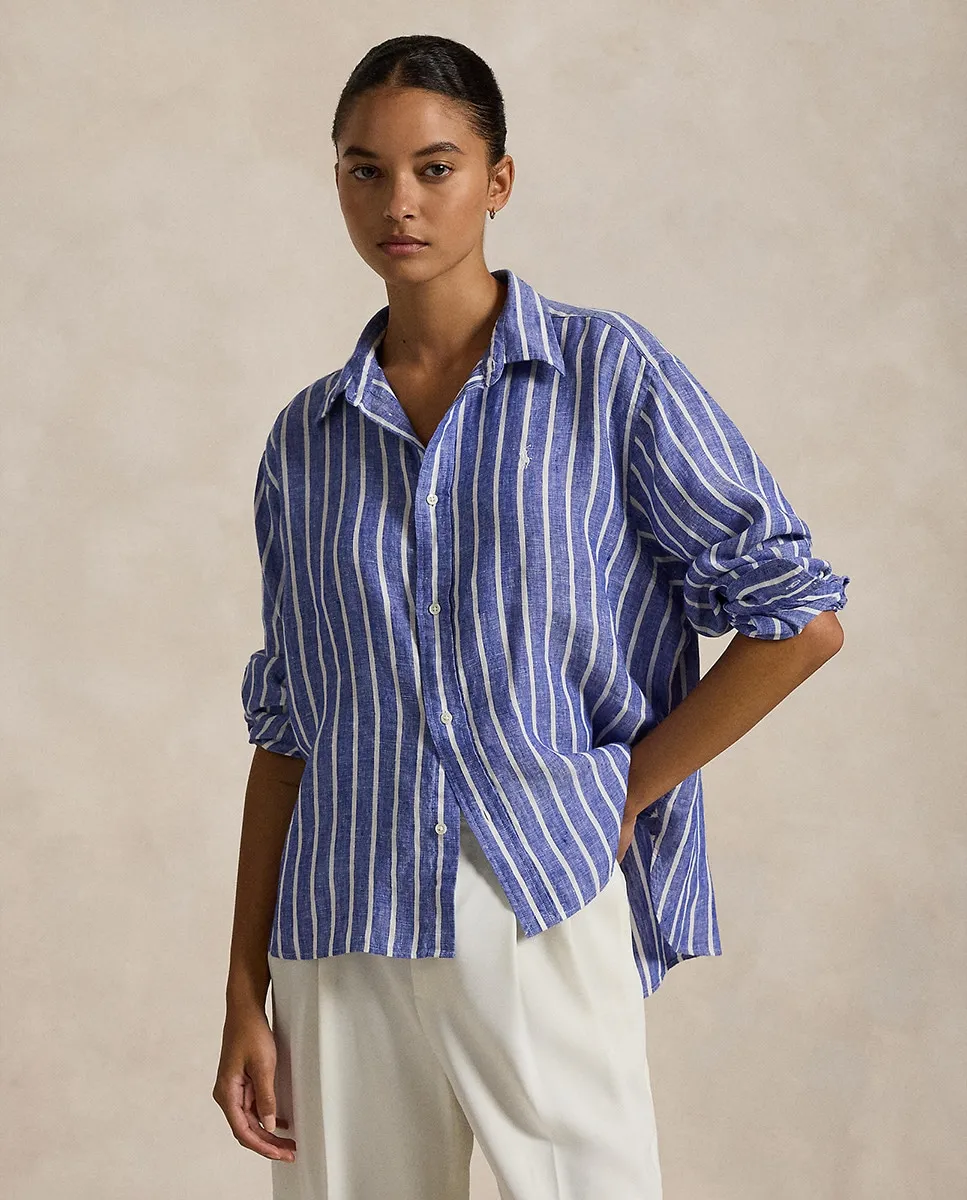 

Полосатая льняная женская рубашка Polo Ralph Lauren, тёмно-синий