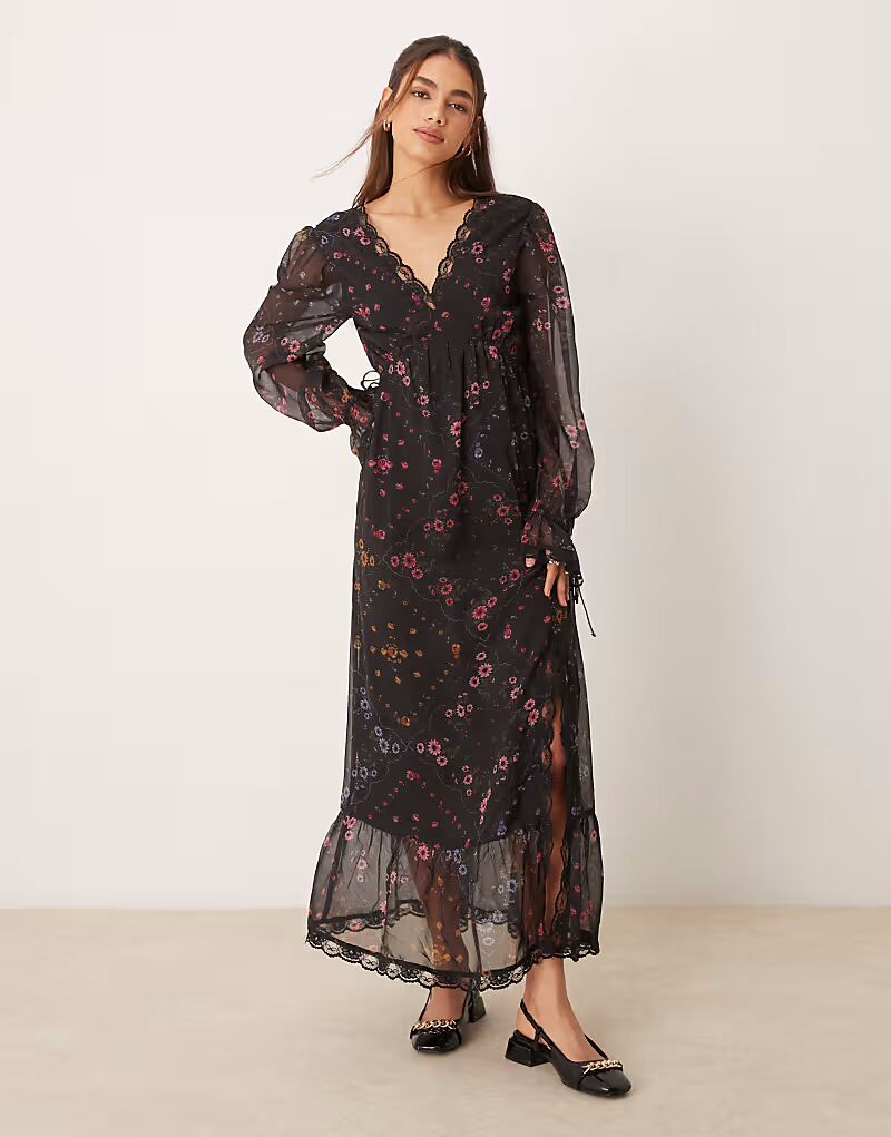 

Платье макси Miss Selfridge с кружевными вставками и цветочным принтом