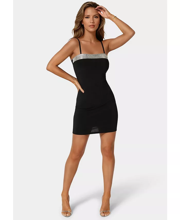 

Женское короткое трикотажное платье с отделкой стразами Bebe, черный