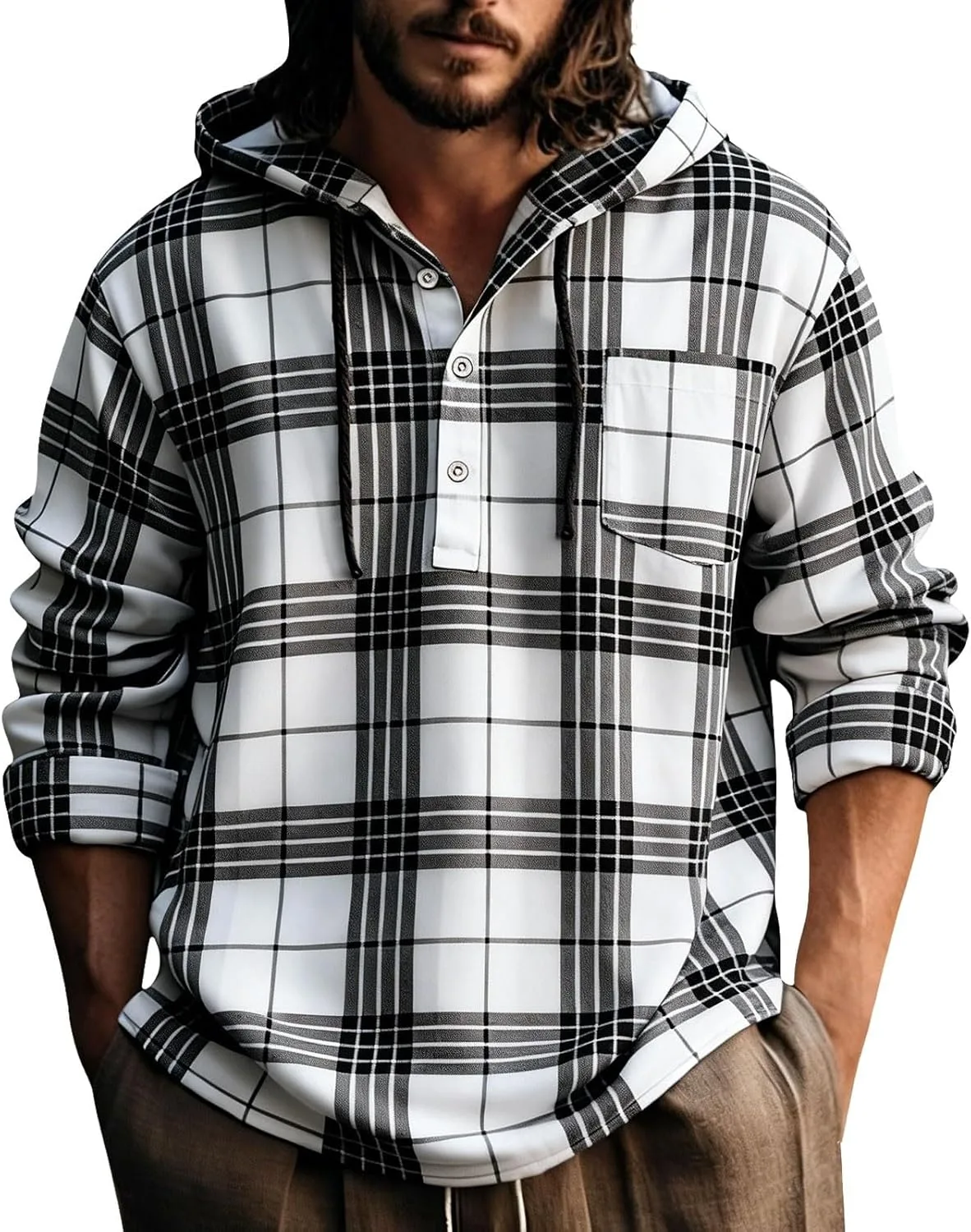 

Мужская худи Miyaomn с длинным рукавом и клетчатым принтом