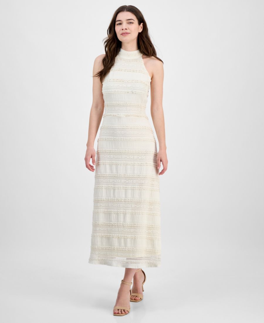 

Женское кружевное вязаное платье с высоким воротником и завязками на шее Anne Klein, Egret