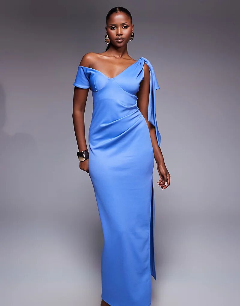 

Платье миди со спущенными плечами и драпировкой ASOS DESIGN синего цвета