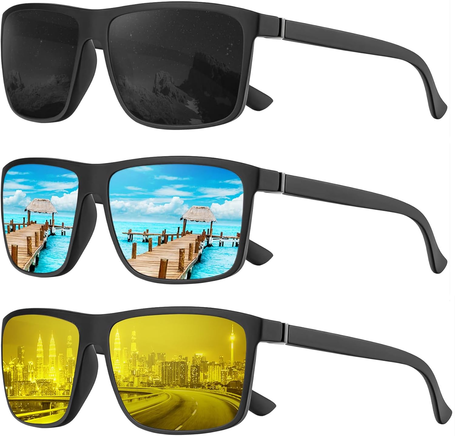 

Поляризованные солнцезащитные очки KALIYADI для мужчин и женщин, мужские солнцезащитные очки с защитой от УФ-излучения для вождения, рыбалки, гольфа (3 шт.), (3 Pack) Black/Ice Blue/Night Vision