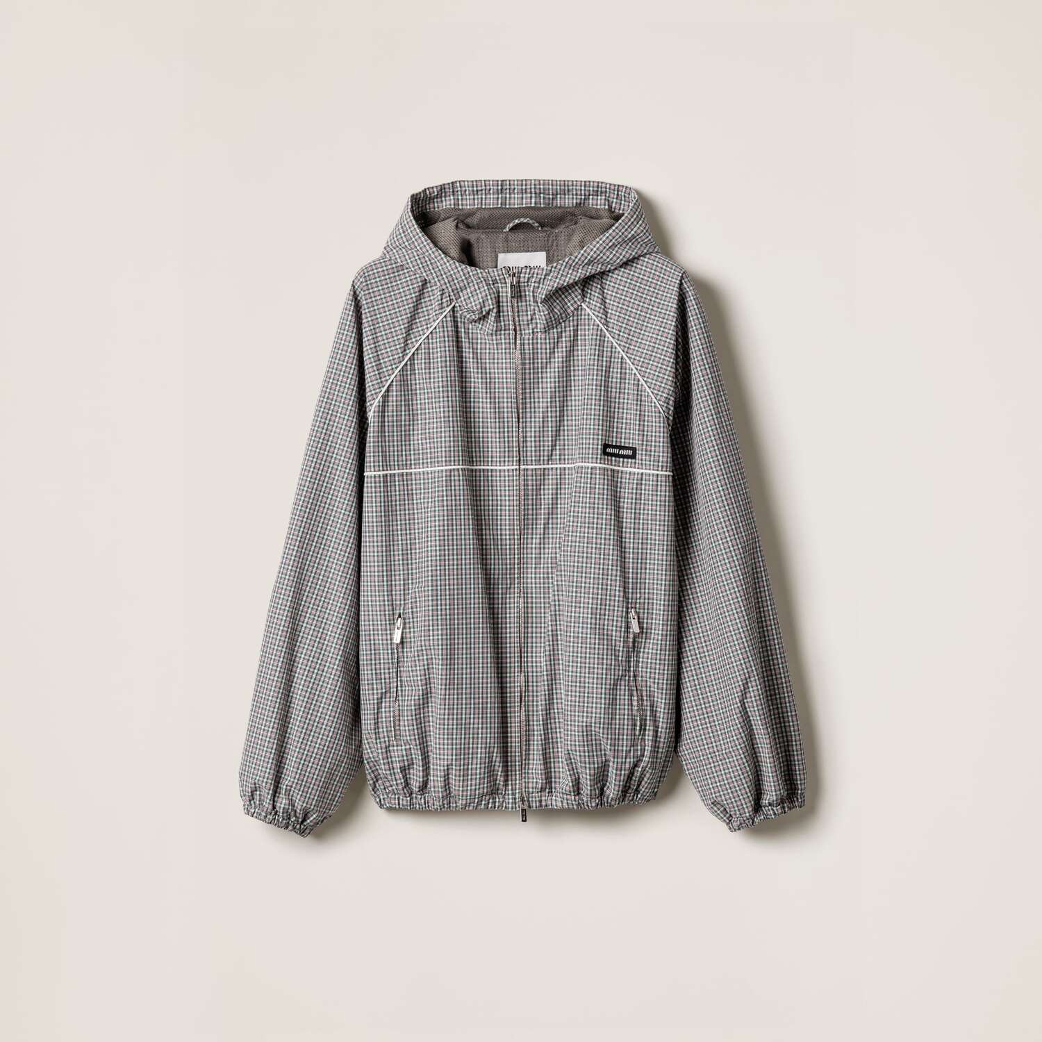 

Бомбер из технической ткани в клетку MIU MIU, бутылочно-зеленый/белый