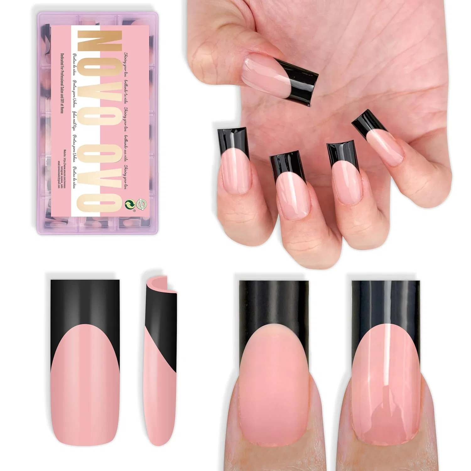Накладные ногти «Black French Tip» от NOVO OVO Novo Ovo, Meidum Sharp Square Black French Tip Nail Tips Baby Pink 180_Eu