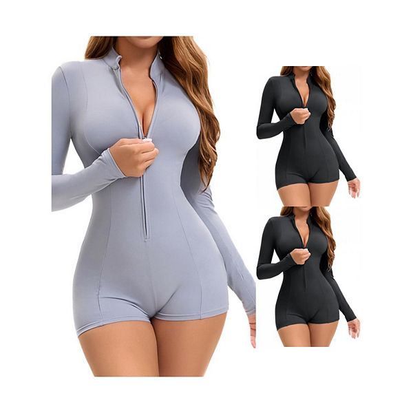 

3 упаковки женского боди с длинным рукавом, молнией спереди и высокой горловиной для контроля живота Inspire Chic, Grey Black