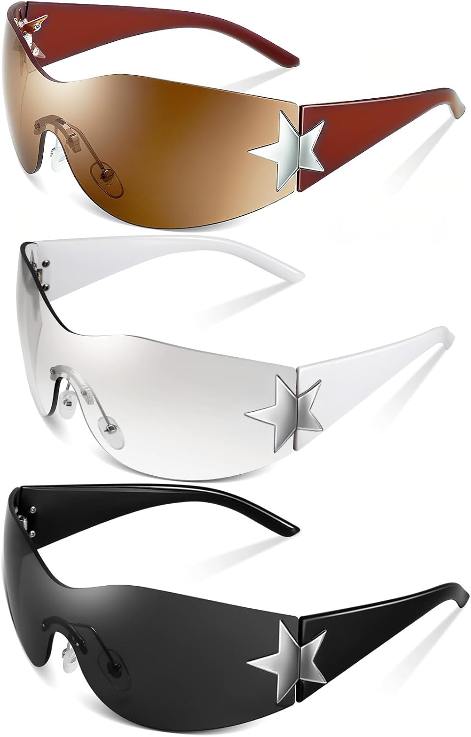 

3 пары солнцезащитных очков Y2K для женщин и мужчин, модные солнцезащитные очки-щитки с обтекаемой формой, большие модные безрамочные очки Ovveroche, White Frame / Silver Lens, Black Frame / Black Lens, Gradient Tan