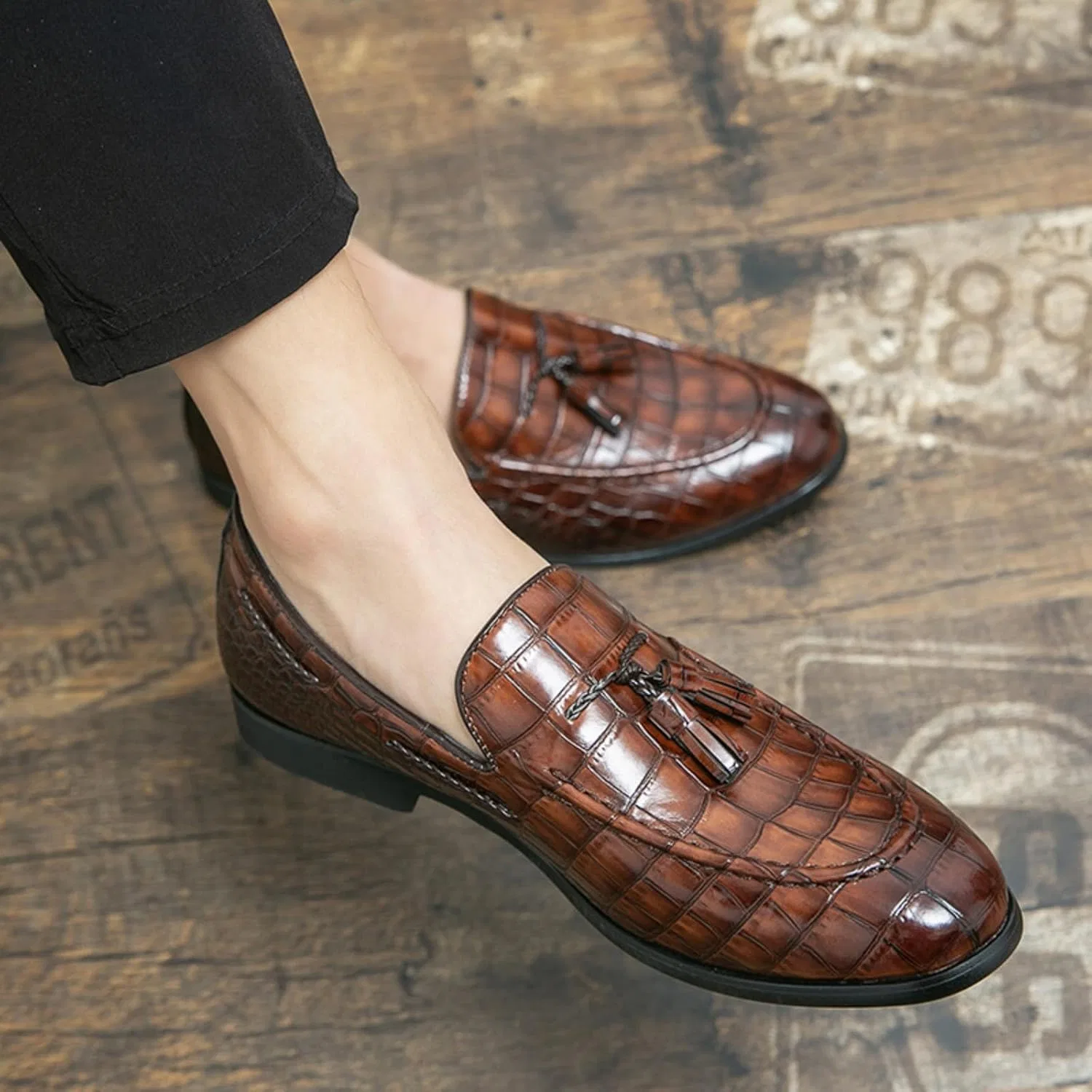 Лоферы мужские на кожаной подошве, Stone Grain Leather, без бренда, модель без названия, коричневый Boaobaihuo — фото 2