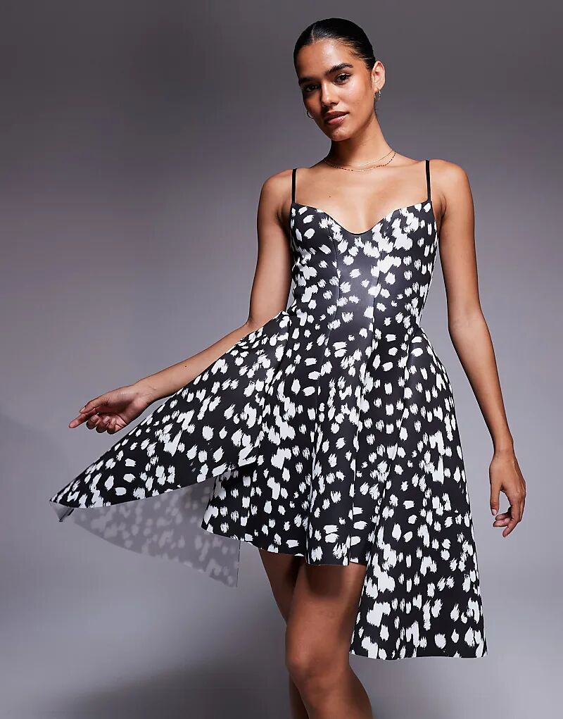 

Мини-платье ASOS DESIGN с бретельками-ками, широким подолом и асимметричным подолом, с принтом в горошек из ткани в стиле «скуба»