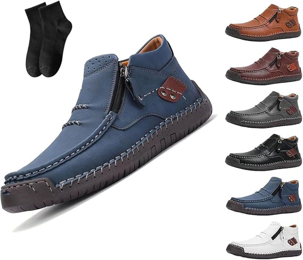 

Мужские премиальные кожаные слипон-ботинки ручной работы, повседневные туфли ручной работы, ортопедические лоферы для путешествий и активного отдыха Cadwon, синий