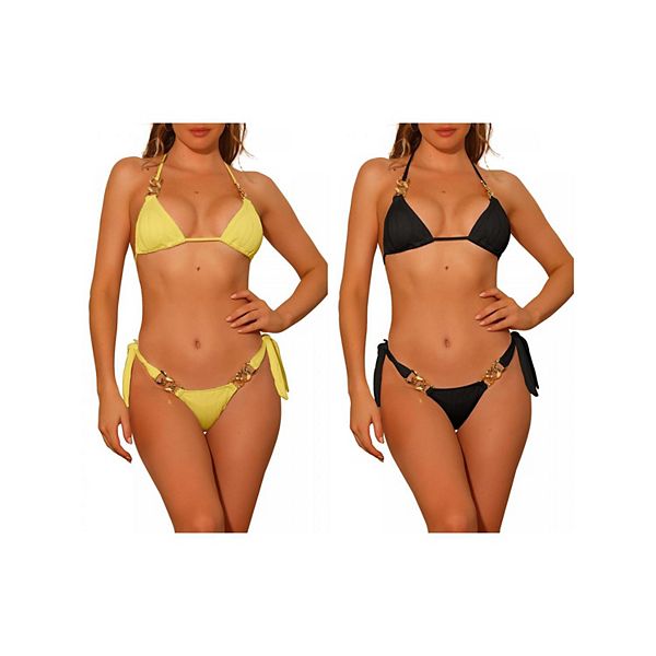 

2 комплекта женского бикини с цепочками и фактурной отделкой, треугольный низ с завязками по бокам Inspire Chic, Black Yellow, Черный, 2 комплекта женского бикини с цепочками и фактурной отделкой, треугольный низ с завязками по бокам Inspire Chic, Black Y
